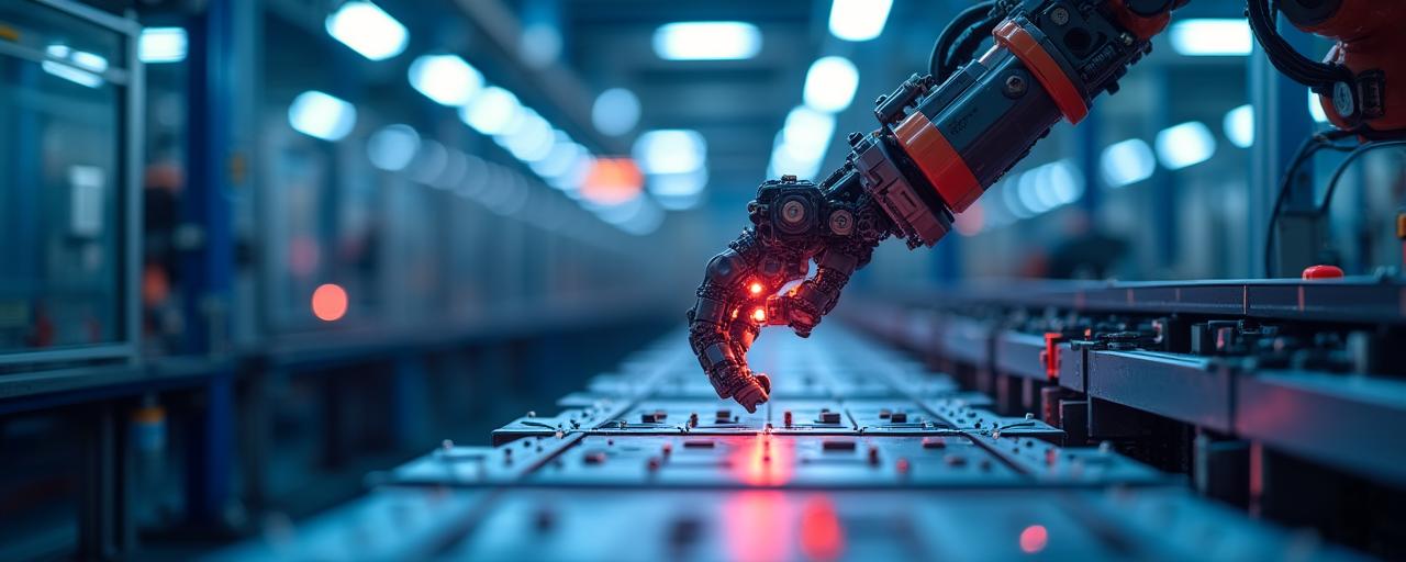 最先端の自動化生産ラインのクローズアップ