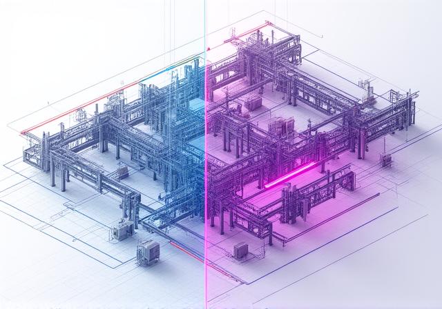 精密な生産ラインの設計図と実装風景